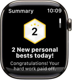 Overview of achievements in the 10GYM Edmond app on Apple Watch, highlighting fitness milestones.