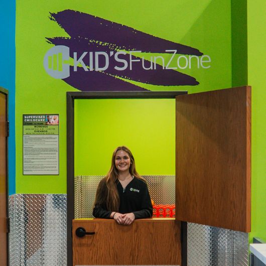 Kids Fun Zone childcare check-in area at 10GYM Jenks.