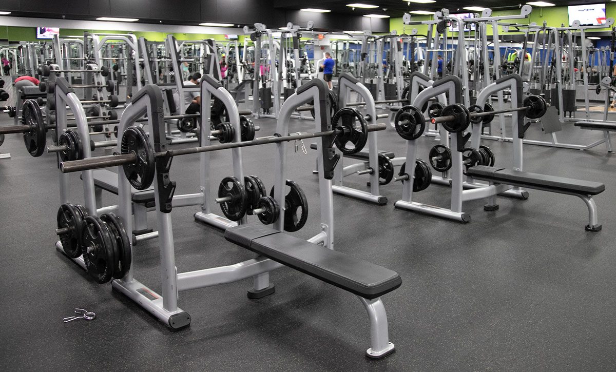 Gym with weights and other amenities